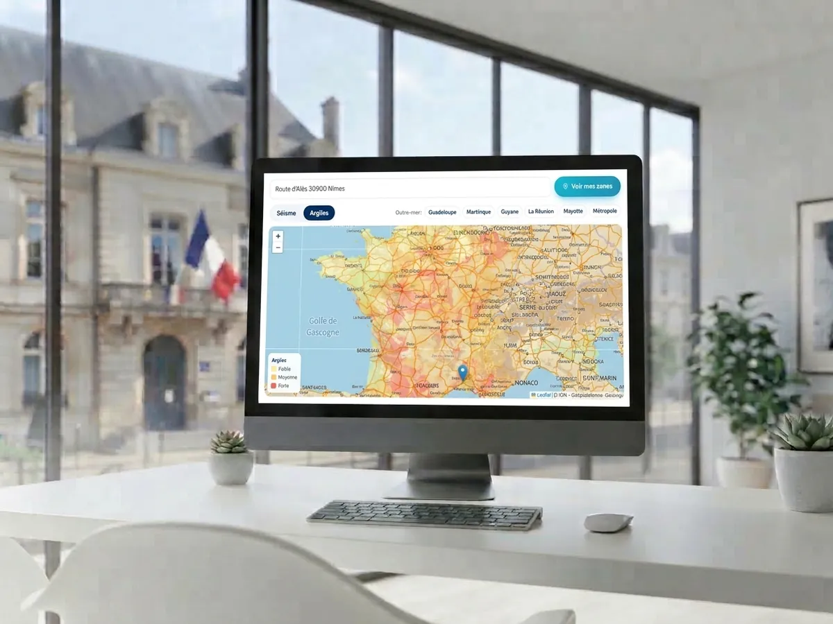 Carte de France des zones sismiques et des argiles affichée sur un ordinateur, avec la recherche par adresse