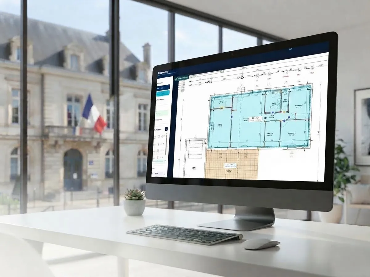 Bureau lumineux avec l'application Chiffrage Express ouverte sur un plan de maison