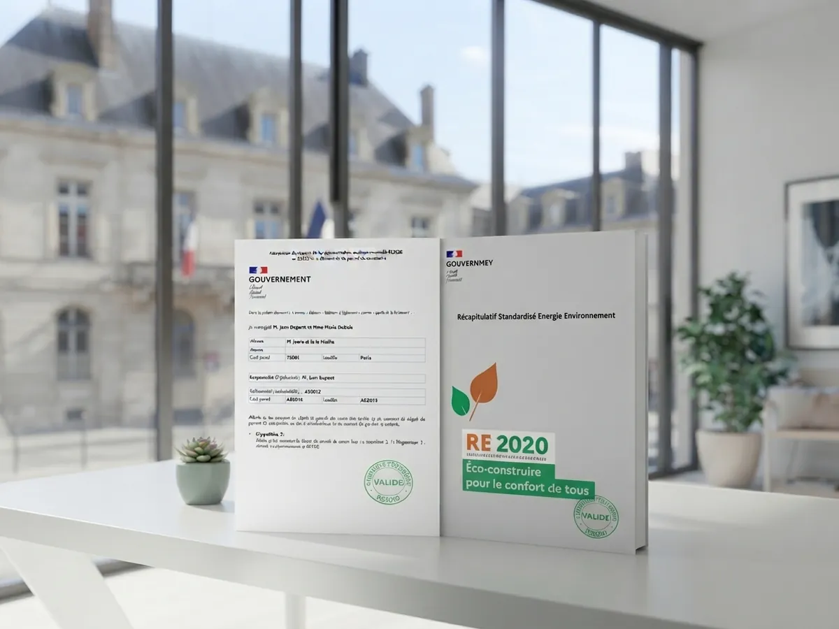 Attestation Bbio et récapitulatif standardisé RE2020 posés sur un bureau, devant une mairie
