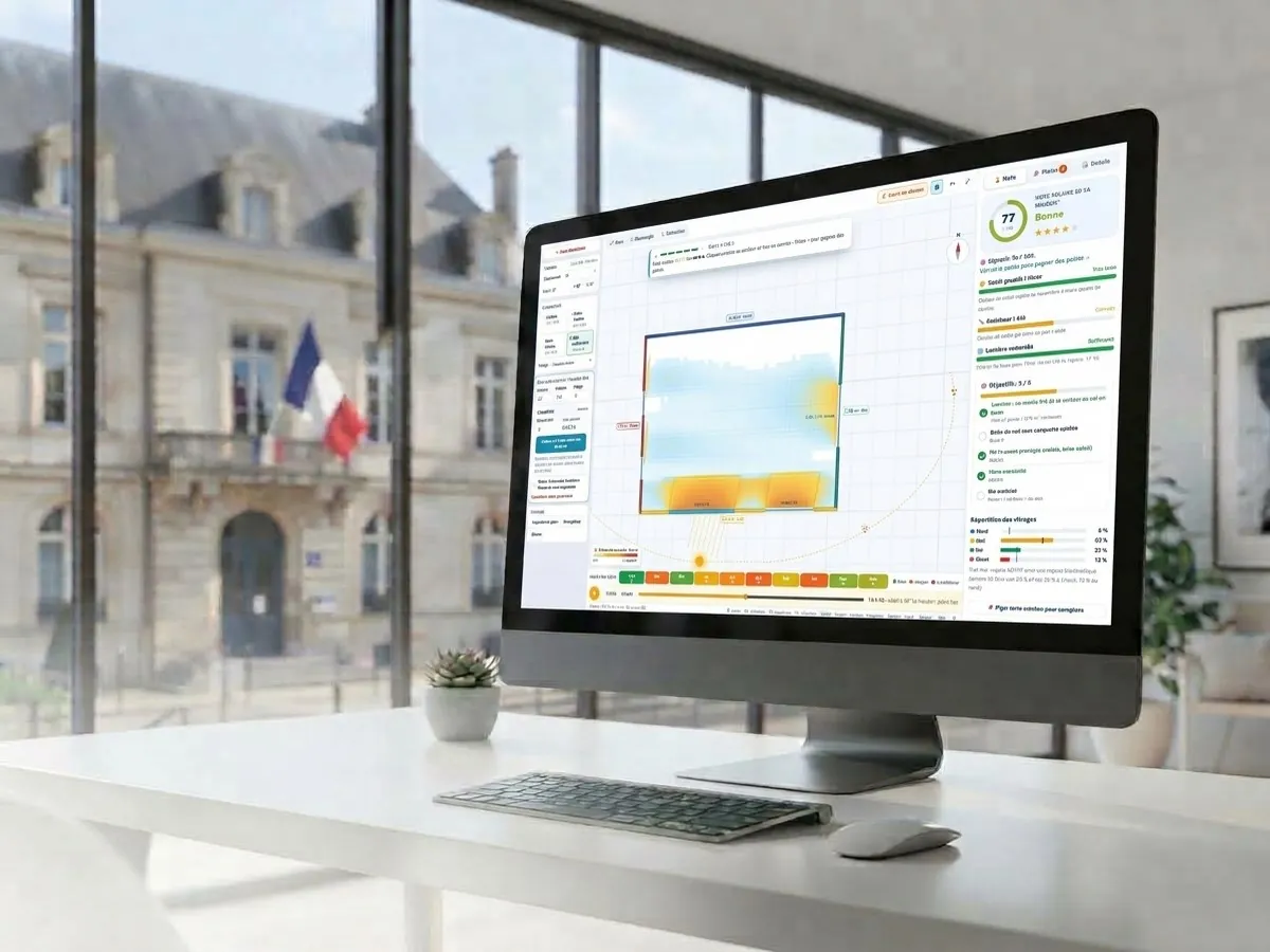 L'application Ensoleillement Express sur un écran : plan de maison avec carte de chaleur, note solaire de 77 sur 100, mois en couleur et répartition des vitrages