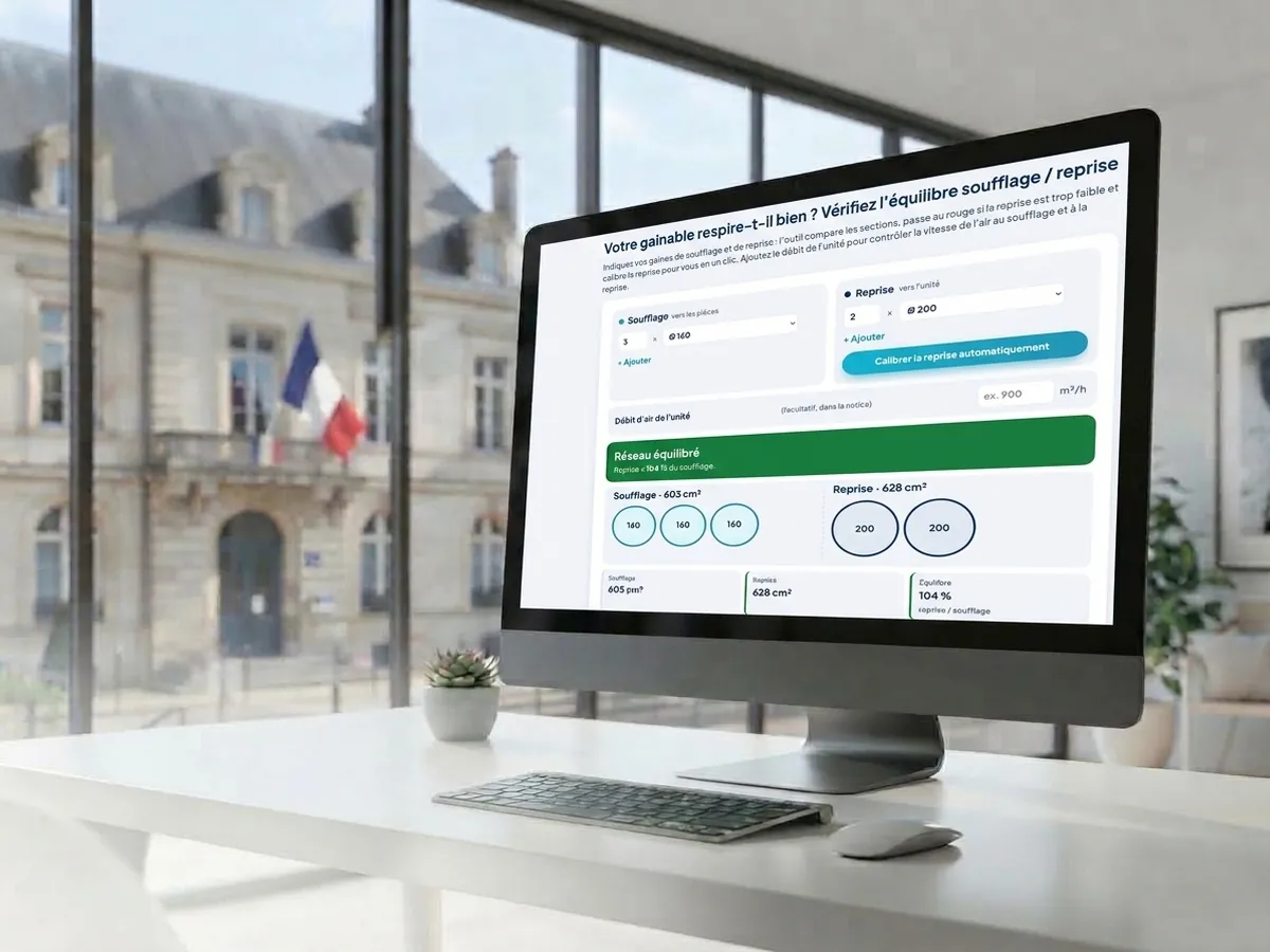 L'outil d'équilibrage gainable ouvert sur un ordinateur : soufflage et reprise comparés, réseau équilibré