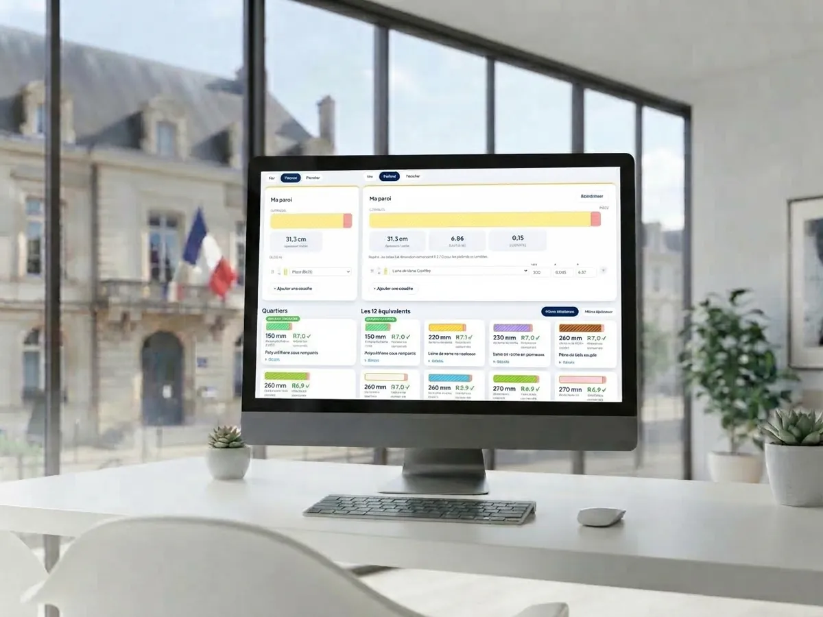 L'outil Équivalences d'isolation ouvert sur un ordinateur : une paroi et ses 12 solutions équivalentes