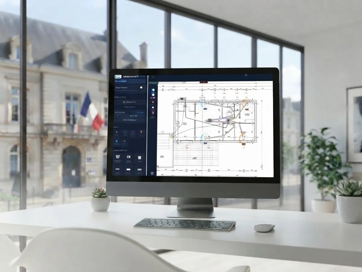 Bureau lumineux avec l'application Gainable Express ouverte sur un plan de maison
