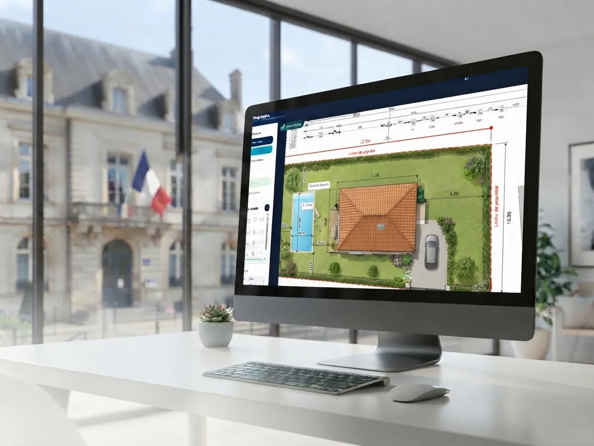 Plan de masse d'une maison avec piscine affiché dans l'application Permis Piscine Express