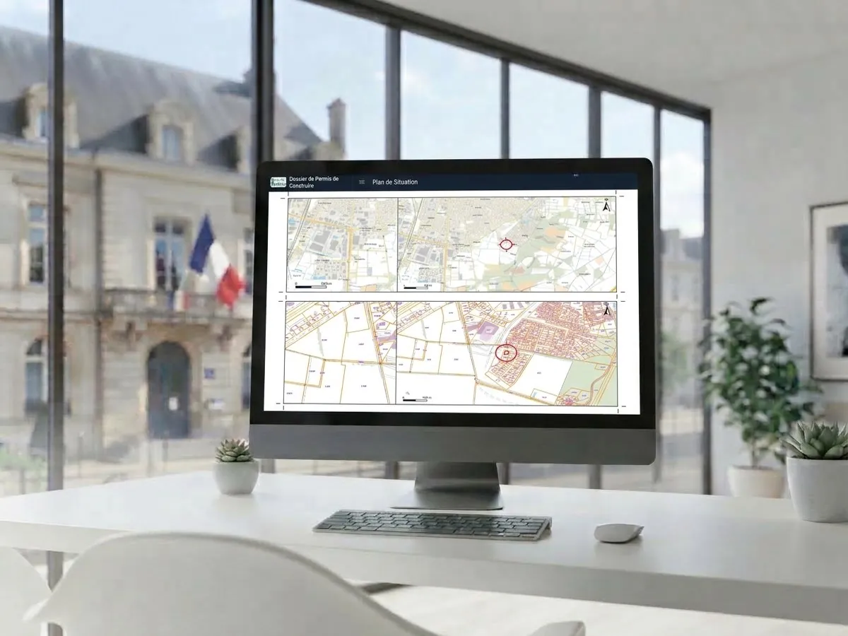Plan de situation d'un terrain affiché sur un écran : cartes IGN à plusieurs échelles, cadastre et repère de la parcelle